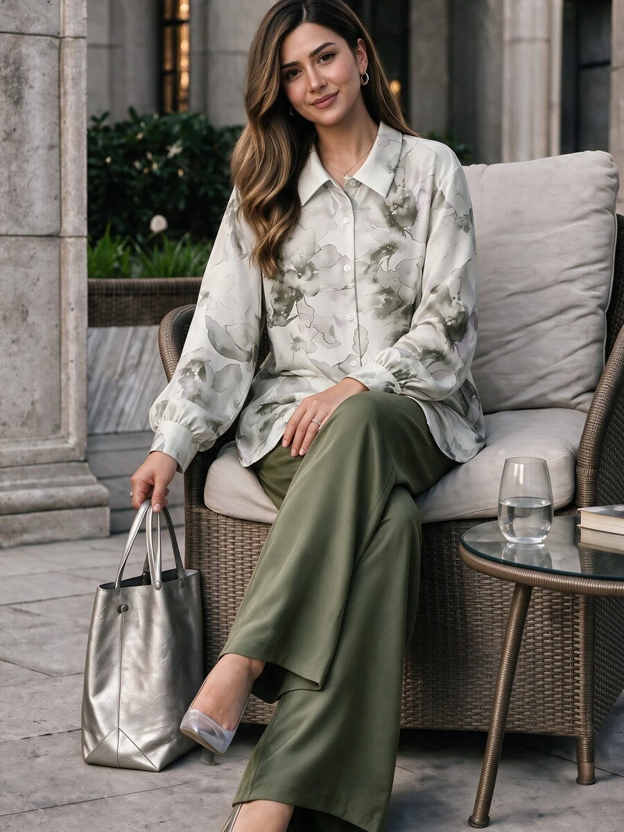 Lacomfia Women's White Olive Green Floral Print Shirt And Wide Leg Pants 2-Piece Set, Romantic Elegant Daily Wear, Plus Size Autumn Formal Fall - Multicolor - View 1