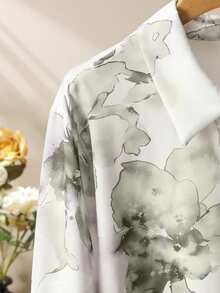 Lacomfia Women's White Olive Green Floral Print Shirt And Wide Leg Pants 2-Piece Set, Romantic Elegant Daily Wear, Plus Size Autumn Formal Fall - Multicolor - View 5