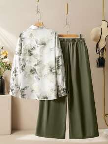 Lacomfia Women's White Olive Green Floral Print Shirt And Wide Leg Pants 2-Piece Set, Romantic Elegant Daily Wear, Plus Size Autumn Formal Fall - Multicolor - View 2