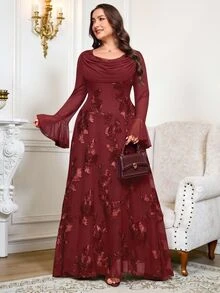 Reflora Plus Size Women's Jacquard Casual Party Dress Fall - Burgundy - View 3