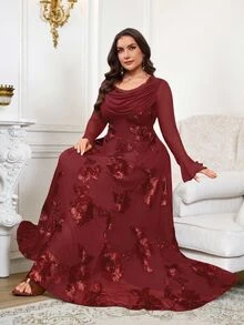 Reflora Plus Size Women's Jacquard Casual Party Dress Fall - Burgundy - View 5