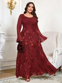 Reflora Plus Size Women's Jacquard Casual Party Dress Fall - Burgundy - View 1