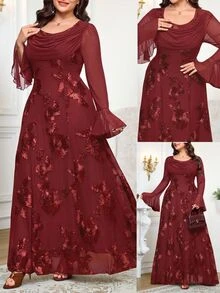 Reflora Plus Size Women's Jacquard Casual Party Dress Fall - Burgundy - View 6