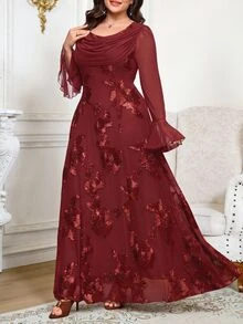 Reflora Plus Size Women's Jacquard Casual Party Dress Fall - Burgundy - View 2