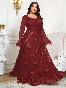 Reflora Plus Size Women's Jacquard Casual Party Dress Fall - Burgundy - View 7
