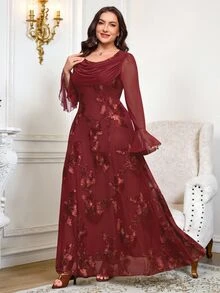 Reflora Plus Size Women's Jacquard Casual Party Dress Fall - Burgundy - View 9