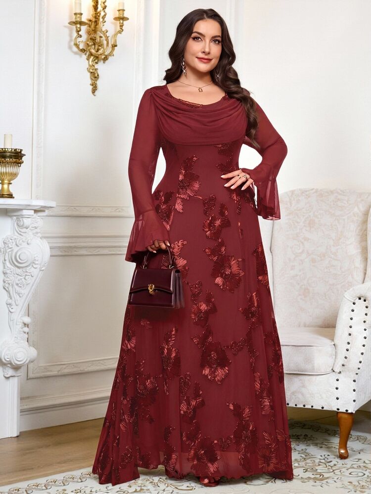 Reflora Plus Size Women's Jacquard Casual Party Dress Fall - Burgundy - View 4