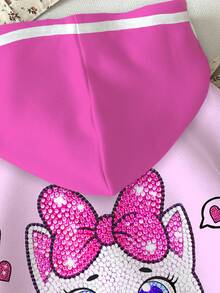 Young Girl Casual Cute Shiny Textured Cartoon Kitty Cat Pattern, Pink Bow, Thick Soft Comfortable Hooded Sweatshirt Suitable For Autumn/Winter, Graphic, Cozy, Y2K, Cozy Fall & Winter Styles - Multicolor - View 5
