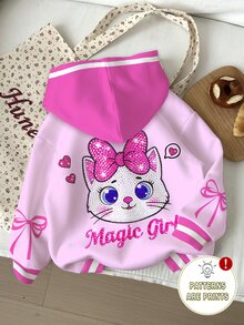 Young Girl Casual Cute Shiny Textured Cartoon Kitty Cat Pattern, Pink Bow, Thick Soft Comfortable Hooded Sweatshirt Suitable For Autumn/Winter, Graphic, Cozy, Y2K, Cozy Fall & Winter Styles - Multicolor - View 1