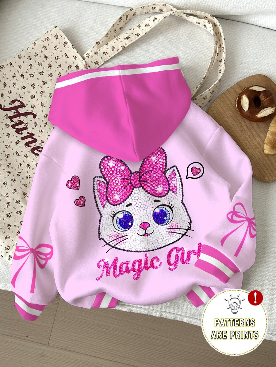 Young Girl Casual Cute Shiny Textured Cartoon Kitty Cat Pattern, Pink Bow, Thick Soft Comfortable Hooded Sweatshirt Suitable For Autumn/Winter, Graphic, Cozy, Y2K, Cozy Fall & Winter Styles - Multicolor - View 1