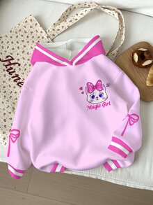 Young Girl Casual Cute Shiny Textured Cartoon Kitty Cat Pattern, Pink Bow, Thick Soft Comfortable Hooded Sweatshirt Suitable For Autumn/Winter, Graphic, Cozy, Y2K, Cozy Fall & Winter Styles - Multicolor - View 2
