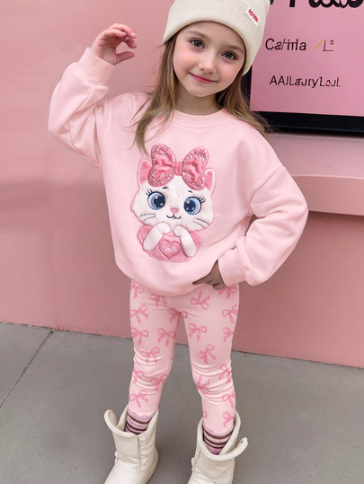 Cream Pink, Soft Sweet Glitter Bow Cartoon Cat Plush Applique Embroidery Pattern, Young Girl Casual Soft Comfortable Loose Crew Neck Pullover Sweatshirt & Casual Brushed Leggings 2-Piece Set, Suitable For Autumn/Winter Daily, Back To School, New Season, Sweet Girly