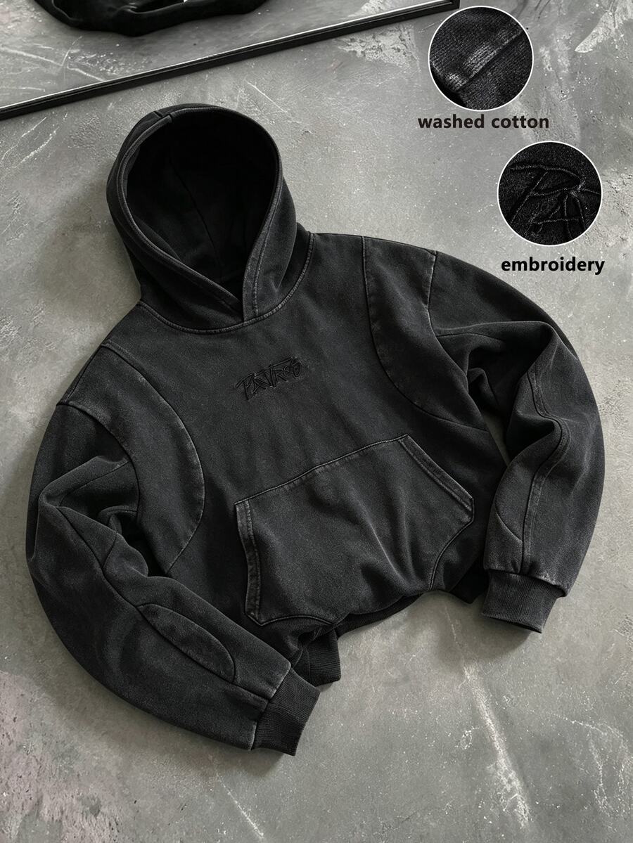 Manfinity Roghcode 男士休閒水洗字母刺繡連帽衛衣,哥德風 - 黑色 - 查看 1