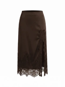 Reflora Plus Size Women Lace Patchwork Split Design Casual Versatile Skirt - Coffee Brown - View 6