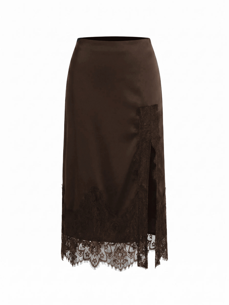 Reflora Falda casual versátil con diseño de patchwork de encaje y abertura para mujer de talla grande - Café integral - Añade 6