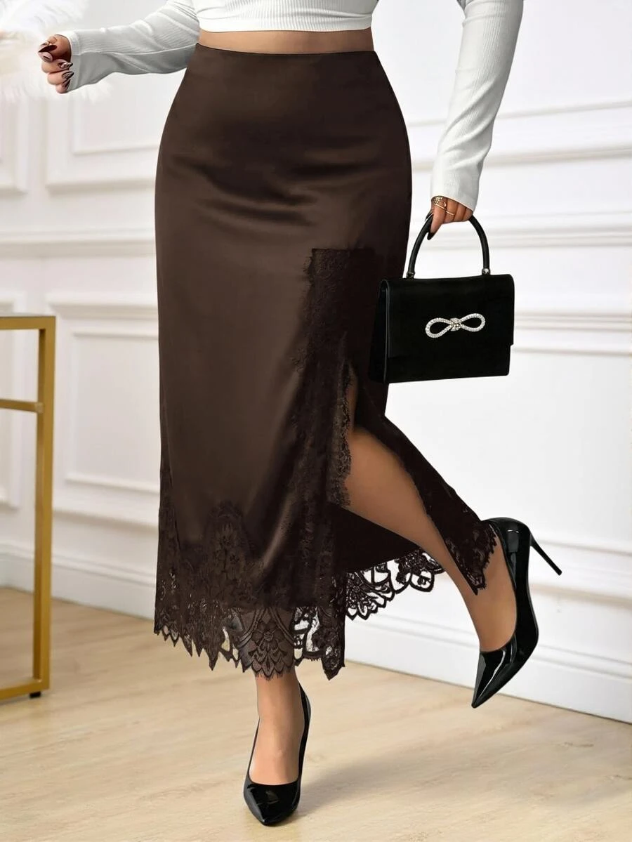 Reflora Plus Size Women Lace Patchwork Split Design Casual Versatile Skirt - Coffee Brown - View 1