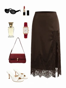 Reflora Plus Size Women Lace Patchwork Split Design Casual Versatile Skirt - Coffee Brown - View 2