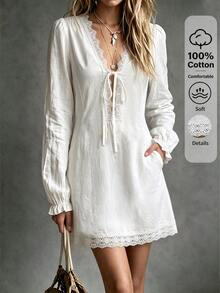 Trelyra Women's Solid Color Contrast Lace Front Tie Long Sleeve Casual Short Dress - White - View 3