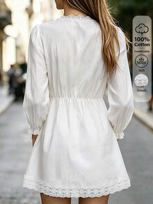 Trelyra Women's Solid Color Contrast Lace Front Tie Long Sleeve Casual Short Dress - White - View 2