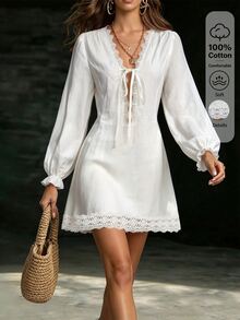 Trelyra Women's Solid Color Contrast Lace Front Tie Long Sleeve Casual Short Dress - White - View 4