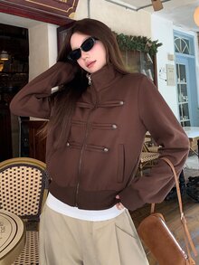 DAZY Women's Zipper Pocket Button Long Sleeve Knit Top - Brown - View 6
