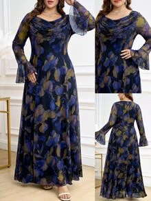 Reflora Plus Size Cowl Neck Floral Print Flare Sleeve Casual Christening Guest Dinner Formal Mother Of The Bride Wedding Dress Autumn Gold And Blue - Blue - View 7