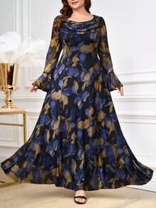 Reflora Plus Size Cowl Neck Floral Print Flare Sleeve Casual Christening Guest Dinner Formal Mother Of The Bride Wedding Dress Autumn Gold And Blue - Blue - View 4