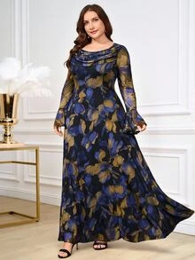 Reflora Plus Size Cowl Neck Floral Print Flare Sleeve Casual Christening Guest Dinner Formal Mother Of The Bride Wedding Dress Autumn Gold And Blue - Blue - View 3