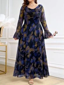 Reflora Plus Size Cowl Neck Floral Print Flare Sleeve Casual Christening Guest Dinner Formal Mother Of The Bride Wedding Dress Autumn Gold And Blue - Blue - View 6