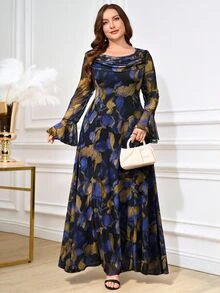 Reflora Plus Size Cowl Neck Floral Print Flare Sleeve Casual Christening Guest Dinner Formal Mother Of The Bride Wedding Dress Autumn Gold And Blue - Blue - View 1