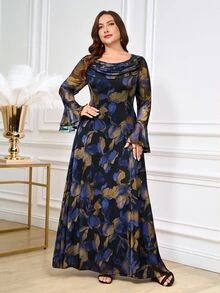 Reflora Plus Size Cowl Neck Floral Print Flare Sleeve Casual Christening Guest Dinner Formal Mother Of The Bride Wedding Dress Autumn Gold And Blue - Blue - View 5