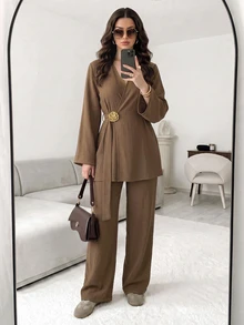 Celisse Monochromatic Set Minimalist Elegant, Gentle High-End Daily Outfit With Elegant, Minimalist Metal Decorative Buckle - Brown - View 2