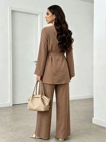 Celisse Monochromatic Set Minimalist Elegant, Gentle High-End Daily Outfit With Elegant, Minimalist Metal Decorative Buckle - Brown - View 3