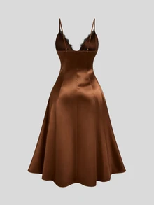 Sweetra Premium Deep Brown Satin Slip Dress With Black Lace V-Neck, Fitted Draped Mid-Length Sexy Dress - Brown - View 2