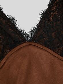 Sweetra Premium Deep Brown Satin Slip Dress With Black Lace V-Neck, Fitted Draped Mid-Length Sexy Dress - Brown - View 6