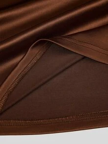 Sweetra Premium Deep Brown Satin Slip Dress With Black Lace V-Neck, Fitted Draped Mid-Length Sexy Dress - Brown - View 4
