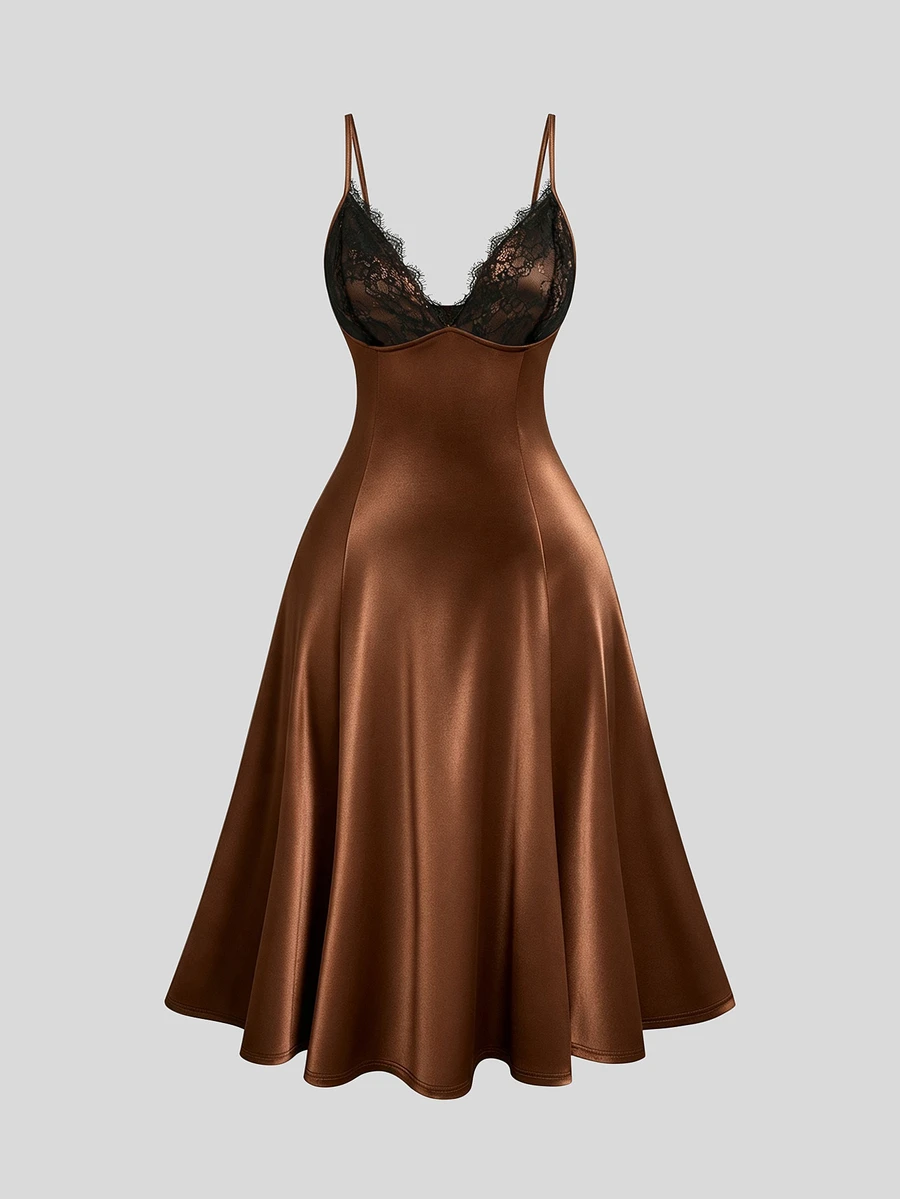 Sweetra Premium Deep Brown Satin Slip Dress With Black Lace V-Neck, Fitted Draped Mid-Length Sexy Dress - Brown - View 1