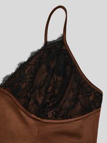 Sweetra Premium Deep Brown Satin Slip Dress With Black Lace V-Neck, Fitted Draped Mid-Length Sexy Dress - Brown - View 7
