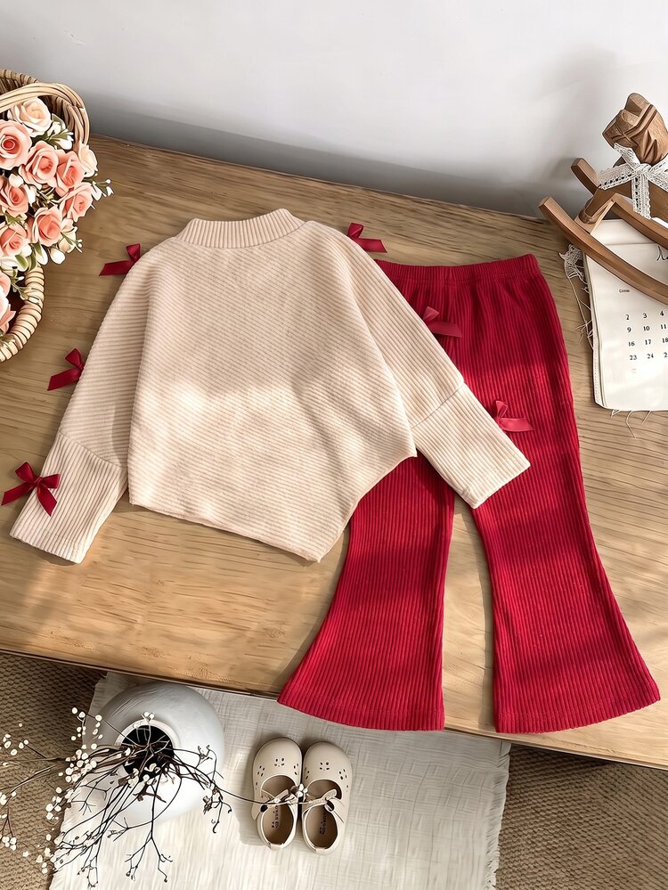 SHEIN 2pcs Baby Girl Sweet & Gentle Style, Red Bow Decor, Ribbed Texture Fabric, Half-High Neck 2 In 1 Long Sleeve Asymmetrical Hem Top, Paired With Burgundy Ruffle Flared Long Pants, Regular Thickness, Suitable For Holiday Gatherings, Daily Outings, Exquisite & Beautiful, Fits Spring/Autumn Seasons - Multicolor - View 2