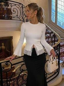 SHEIN MOD Women's Korean Style Versatile Lace Patchwork Elegant Romantic Round Neck Sweater Everyday Date White Autumn - White - View 2
