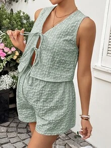 Lyckli Maternity Solid Color V-Neck Bow Sleeveless Top And Shorts 2pcs Set Maternity Photoshoot Sage Green Summer - Green - View 7