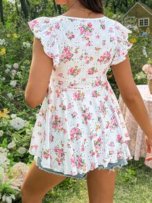 Lyckli Maternity Casual V-Neck Cap Sleeve T-Shirt With Print, Summer Babyshower Floral White - Pink - View 3