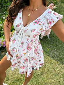 Lyckli Maternity Casual V-Neck Cap Sleeve T-Shirt With Print, Summer Babyshower Floral White - Pink - View 5