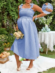 Lyckli Plaid Maternity Nursing Casual Cute 1920 Vintage Soft Form 1960s Daily Going Out Party Postpartum Formal Dates Outing Dress Blue And Yellow Summer - Blue and White - View 2