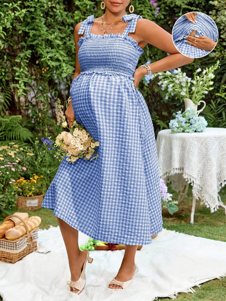 Lyckli Plaid Maternity Nursing Casual Cute 1920 Vintage Soft Form 1960s Daily Going Out Party Postpartum Formal Dates Outing Dress Blue And Yellow Summer - Blue and White - View 2