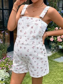 Lyckli White Maternity Floral Print Pocket Adjustable Bib Shorts For Summer Baby Shower,Women Cute Flower Pattern Strap Overalls Y2k Chic Beach Carnival - White - View 5