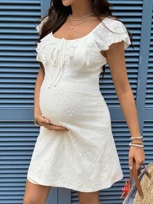 Lyckli Pregnant Women's Solid Color U-Neck Cap Sleeve Ruffle Tie Waist Summer Dress - Apricot - View 9