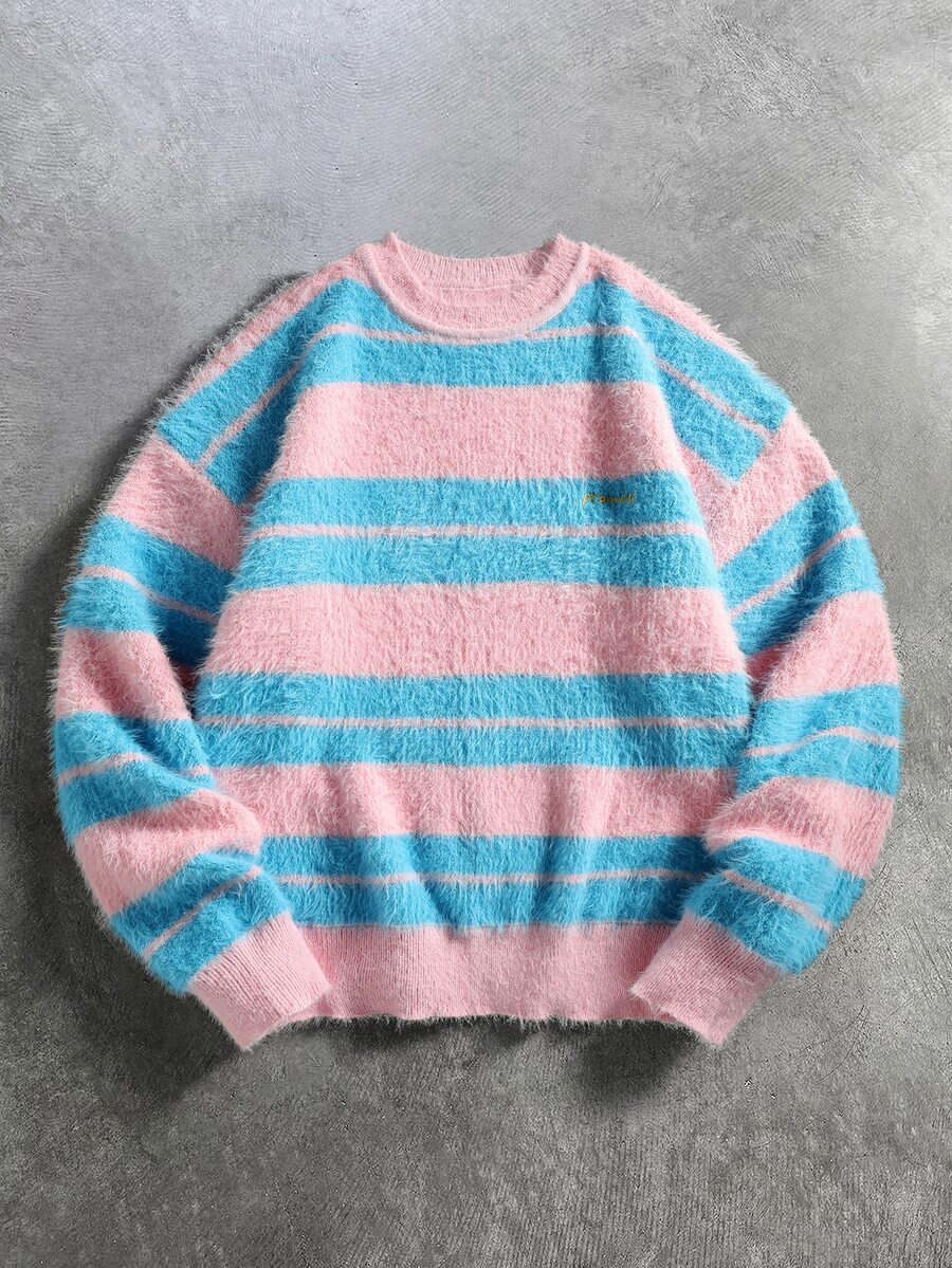 ROMWE MEN Essentials Colorful Striped Short Fleece Pullover Long Sleeve Men's Sweater - Multicolor - View 1