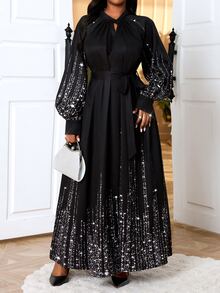 Fleurora Plus Size Women's Keyhole Neck Glitter Print Long Sleeve Tie Waist Dress, Elegant For Party And Occasions, Spring/Autumn/Winter Fall - Black - View 4