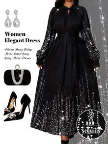 Fleurora Plus Size Women's Keyhole Neck Glitter Print Long Sleeve Tie Waist Dress, Elegant For Party And Occasions, Spring/Autumn/Winter Fall - Black - View 1